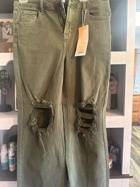 Olive Green Distressed Jeans with Knee Rips Risen